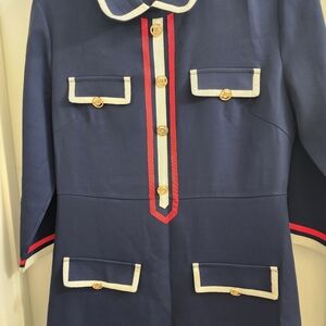 Navy Blue Midi Dress with Red Accents